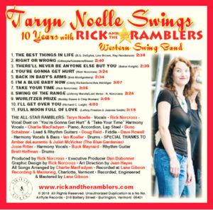 Back Cover of CD Taryn Noelle Swings with song list