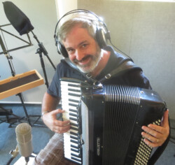 Rambler Charlie MacFadyen recording accordion parts at Lane Gibson Recording & Mastering Studios. Charlotte, VT (2018) Charlie MacFadyen