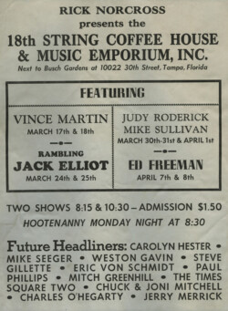 Handbill listing entertainment lineup at Rick’s coffeehouse, The18th String Coffeehouse & Music Emporium, North Tampa, FL (1967) 18th-String-Poster