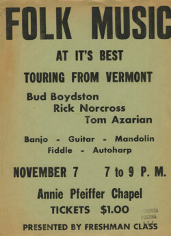 Poster from the first tour of Florida with The New Walden Folksingers at Florida Southern College, Lakeland, FL (1963)