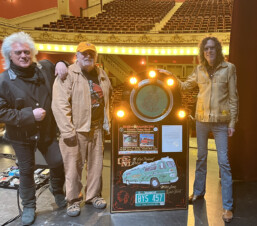 Marty Stuart, Rick and "Cousin" Kenny Vaughan at the Paramount Theater, Rutland, VT flanking the Mighty Pickle Presentation given to Rick from Marty and Dave Wright, April 2024
